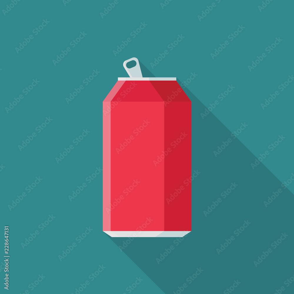 Soda in aluminum can flat icon with long shadow isolated on blue background. Simple opened soda can in flat style, vector illustration. Soda in aluminum can flat icon with long shadow isolated on blue background. Simple opened soda can in flat style, vector illustration.