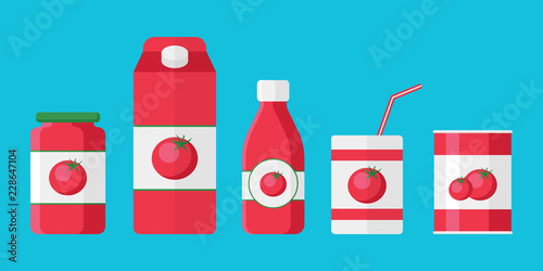 Big Set of tomato products in flat style isolated on blue background. Collection of tomato paste, ketchup and juice vector illustration for web and mobile design.