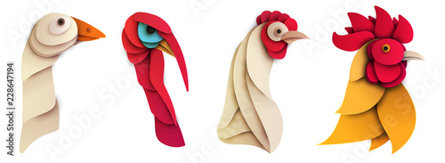 Set of cartoon farm bird in trendy paper cut craft graphic style. Goose, rooster, chicken,turkey. Modern design for advertising, branding greeting card, cover, poster, banner. Vector illustration.