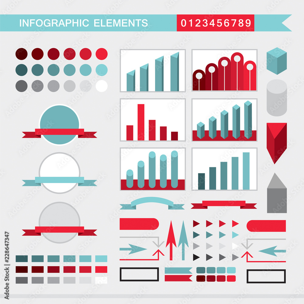 Naklejka premium Infographic elements charts, graph, diagram, arrows,signs,bars, buttons,borders etc. Vector illustration