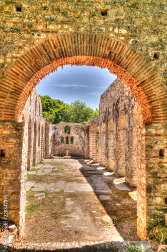 Panoramic view to ruins of The Basilica in Butrint ancient town , Sarande, Albania