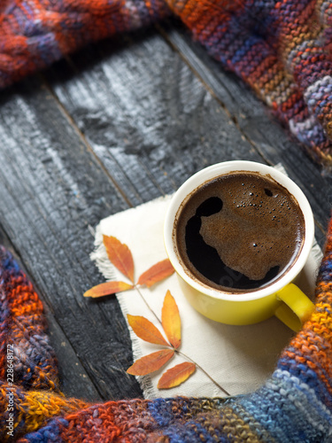 Hot coffee or chocolate in a mug on a dark background with dry leaves