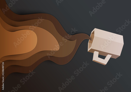 3d vector paper cut coffee composition with mug. Cartoon art illustration in minimalistic craft carving style. Modern layout colorful concept for background banner, cover, poster, card.