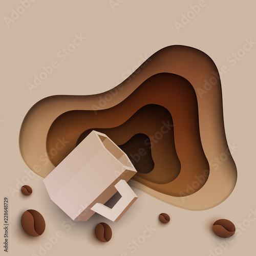 3d vector paper cut coffee composition with mug and beans. Cartoon art illustration in minimalistic craft carving style. Modern layout colorful concept for background banner, cover, poster, card.