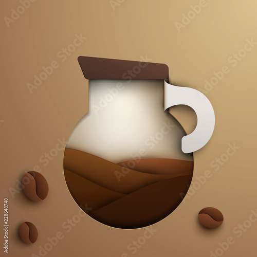 Coffee cup in paper cut style. Concept colorful handmade design for background cover, poster, flyer. Vector illustration.