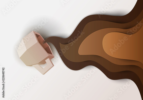 3d vector paper cut coffee composition with mug. Cartoon art illustration in minimalistic craft carving style. Modern layout colorful concept for background banner, cover, poster, card.