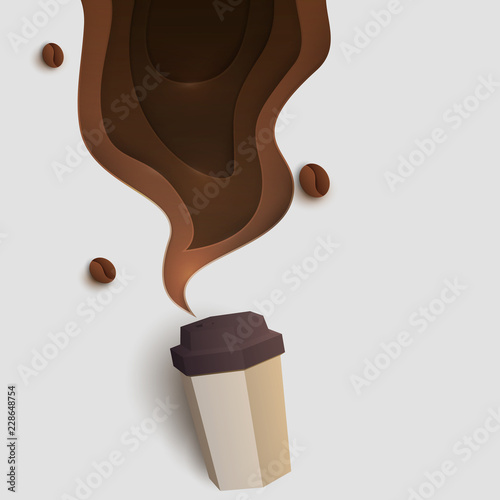 3d vector paper cut coffee composition with mug and beans. Cartoon art illustration in minimalistic craft carving style. Modern layout colorful concept for background banner, cover, poster, card.