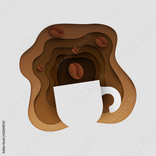 3d vector paper cut coffee composition with mug and beans. Cartoon art illustration in minimalistic craft carving style. Modern layout colorful concept for background banner, cover, poster, card.