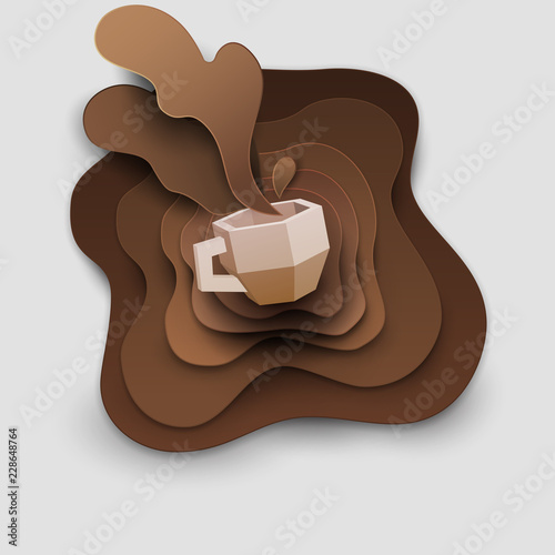 3d vector paper cut coffee composition with mug. Cartoon art illustration in minimalistic craft carving style. Modern layout colorful concept for background banner, cover, poster, card.