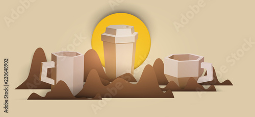 3d vector paper cut coffee composition with mug. Cartoon art illustration in minimalistic craft carving style. Modern layout colorful concept for background banner, cover, poster, card.