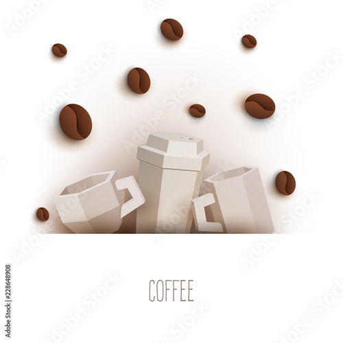 3d vector paper cut coffee composition with mug and beans. Cartoon art illustration in minimalistic craft carving style. Modern layout colorful concept for background banner, cover, poster, card.