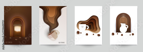 Set of coffee composition in minimalistic paper cut style. Design template for branding shop or cafe invitation, business card, menu page, banner, flyer. Vector illustration.