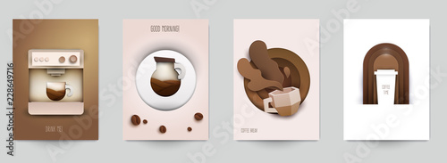 Set of coffee composition in minimalistic paper cut style. Design template for branding shop or cafe invitation, business card, menu page, banner, flyer. Vector illustration.