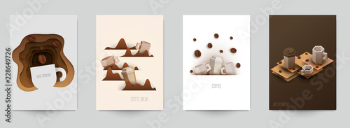 Set of coffee composition in minimalistic paper cut style. Design template for branding shop or cafe invitation, business card, menu page, banner, flyer. Vector illustration.