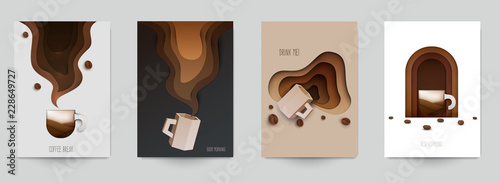 Fototapeta Zestaw kompozycji kawy w minimalistycznym stylu cięcia papieru. Szablon projektu dla marki sklepu lub kawiarni zaproszenia, wizytówki, strony menu, baner, ulotki. Ilustracji wektorowych.