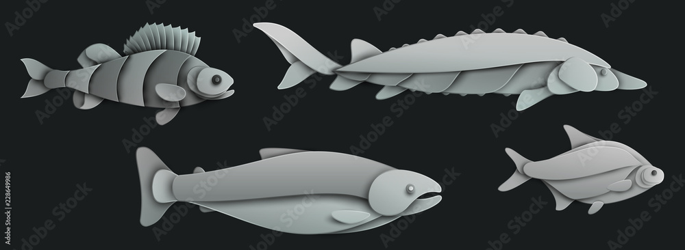 Set of cartoon fish in trendy paper cut craft graphic style. Bream, salmon, sturgeon, perch. Modern design for advertising, branding greeting card, cover, poster, banner. Vector illustration. Set of cartoon fish in trendy paper cut craft graphic style. Bream, salmon, sturgeon, perch. Modern design for advertising, branding greeting card, cover, poster, banner. Vector illustration.