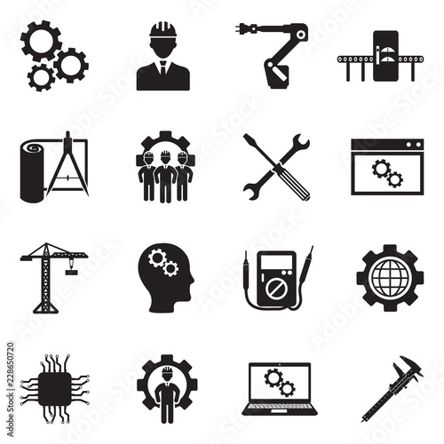 Engineering And Manufacturing Icons. Black Flat Design. Vector Illustration. 
