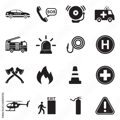  Emergency Icons. Black Flat Design. Vector Illustration. 