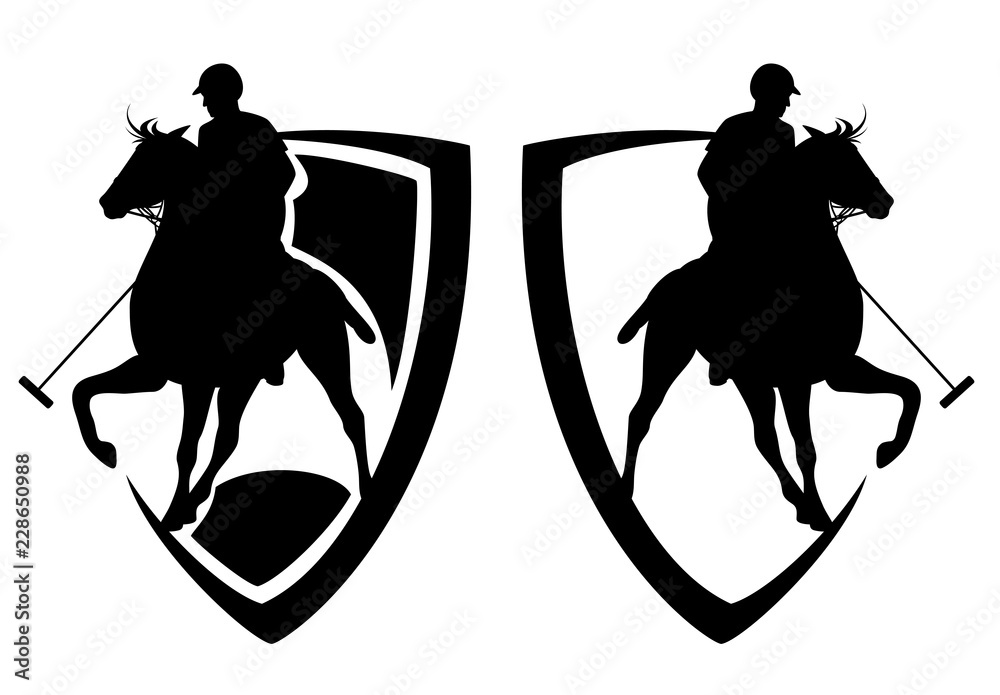 polo player riding a horse heraldic shield and horseman black and
