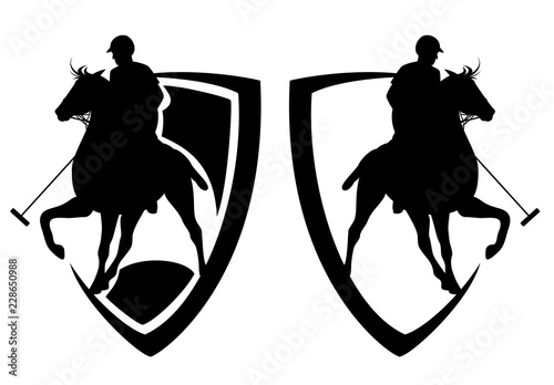 polo player riding a horse - heraldic shield and horseman black and white vector design