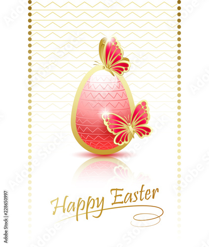 Happy Easter. Elegant greeting card with golden butterflies and red easter egg. Vector illustration.