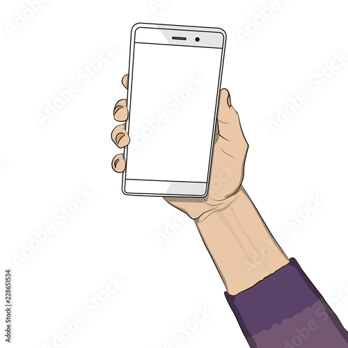 Hand holding white cellphone with white screen. Cartoon pop art retro vector illustration drawing in comic book style.