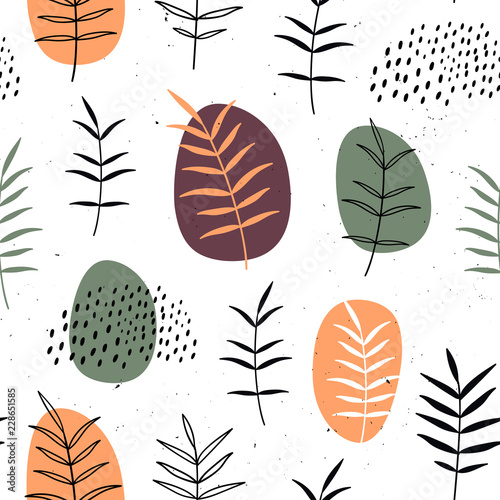 Vector seamless pattern with flowers. Scandinavian motives. Hand drawn style