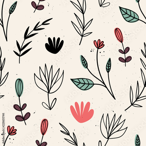 Vector seamless pattern with flowers. Scandinavian motives. Hand drawn style