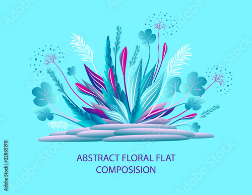 Abstract floral flat composition with plants and  stones in blue lilac or  ikebana  for greeting  card or for wallpaper or for banner  flyer book covers or website 
