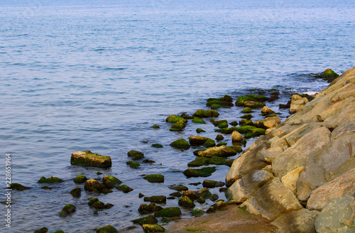 View of the Black sea coast, mossy stones and clear sea iin summer, wavy beach