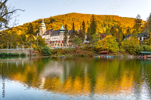 Lake in the mountains in autumn colours with a fairytale castle in Lillafured, Miskolc, Hungary