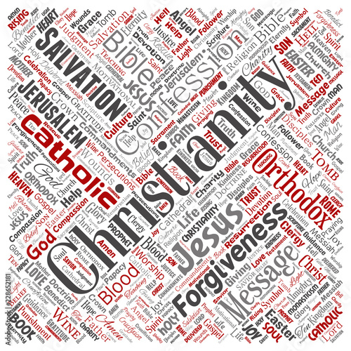 Vector conceptual christianity, jesus, bible, testament square red  word cloud isolated background. Collage of teachings, salvation resurrection, heaven, confession, forgiveness, love concept