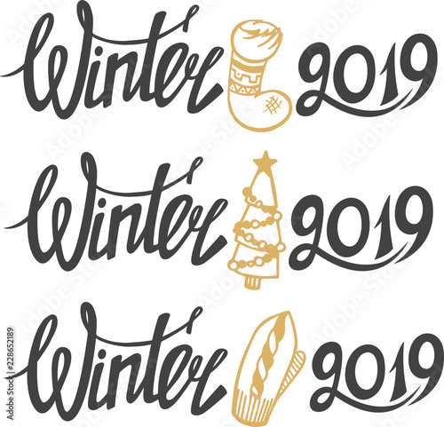 Christmas decoration kit. Lettering. Happy New year theme. Winter holiday set. Colorful vector illustration 
