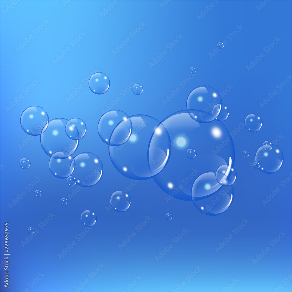 Realistic soap bubbles set isolated on the blue background. vector Illustration