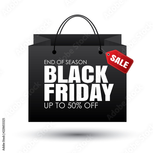Black friday shopping bag and sales tag on white background. Use for discount, promotion, advertising template.