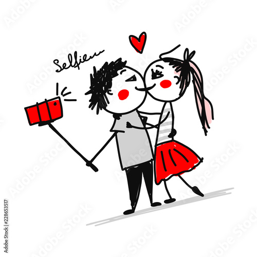 Couple in love do photos with mobile smart phone device using selfie