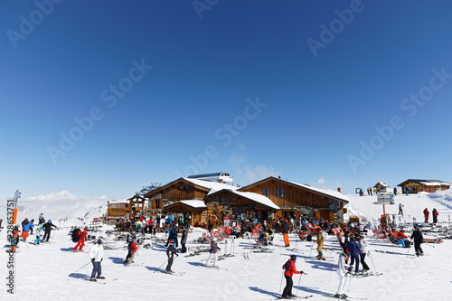 Val Thorens, France - February 26, 2018: France, French Alps, Tarentaise Valley, Savoie. Val Thorens is located in the commune of Saint-Martin-de-Belleville in the Savoie département photo