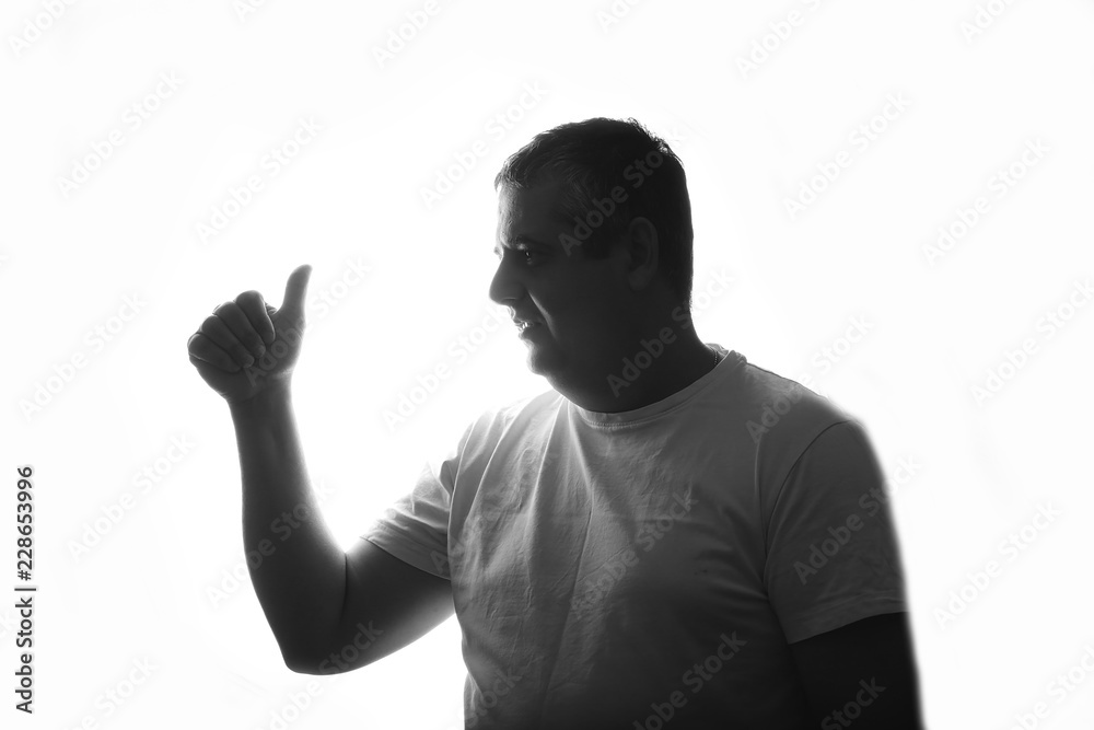 Silhouette of overweight man portrait with hand on studio isolated white background. Close up. concept of overweight Silhouette of overweight man portrait with hand on studio isolated white background. Close up. concept of overweight