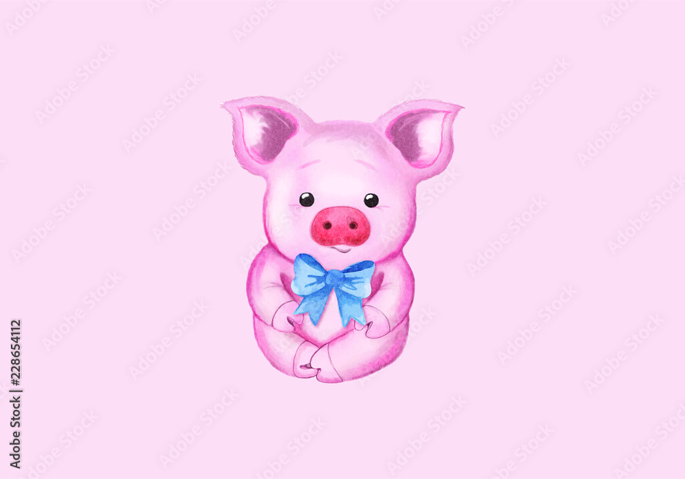 Obraz Little pig and blue bow. Isolated on pink. Cute watercolor illustration