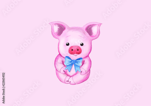 Little pig and blue bow. Isolated on pink. Cute watercolor illustration © vncom