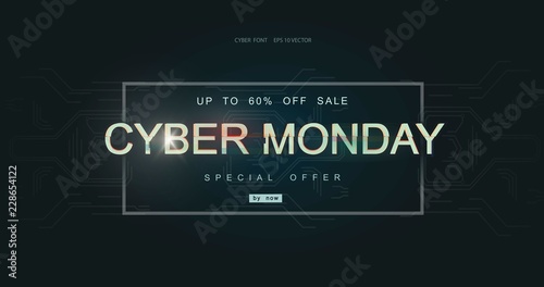 Cyber monday inscription in distorted glitch style on black background. Digital author font, cyber font, advertising discount banner.