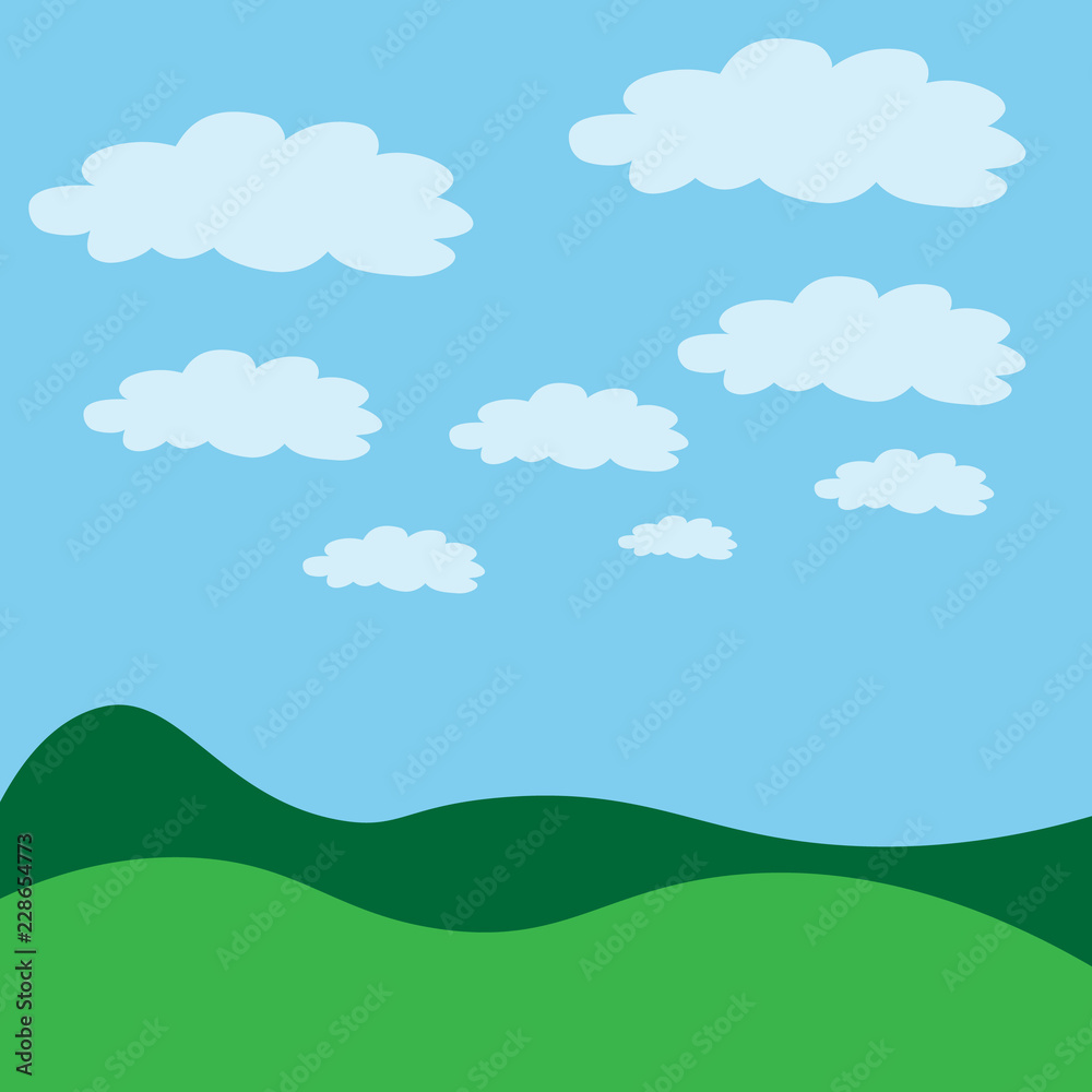 Vector illustration.Green landscape with blue sky and clouds.