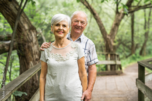 Happy old elderly caucasian couple in a park