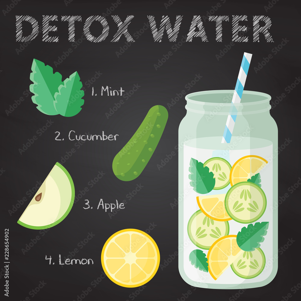 Recipe detox water with lemon, mint, cucumber and apple. Vector illustration for diet menu, cafe and restaurant. Fresh smoothies, detox water conception.