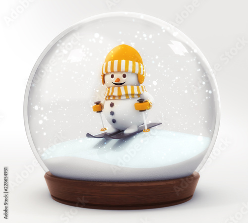 Fotografie, Obraz happy snowman with ski in snowball decoration isolated on white background,glass