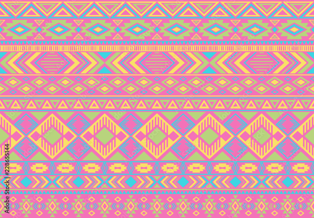 Ikat pattern tribal ethnic motifs geometric seamless vector background. Modern ikat tribal motifs clothing fabric textile print traditional design with triangle and rhombus shapes.