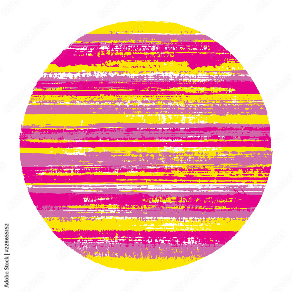 Circle vector geometric shape with striped texture of paint horizontal lines. Disk banner with old paint texture. Label round shape logotype circle with grunge background of stripes.