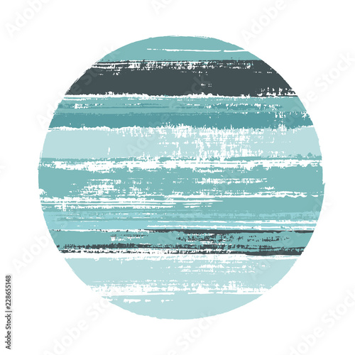 Abrupt circle vector geometric shape with stripes texture of paint horizontal lines. Planet concept with old paint texture. Label round shape logotype circle with grunge stripes background.