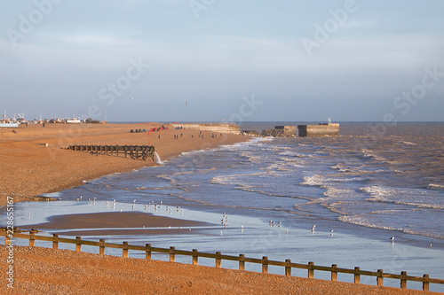 Hastings Beach on a Cold Winters Day with the Harbour Arm and Old Town fishing beach in the distance