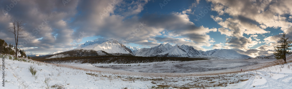 Winter panorama of mountains on a sunny day.